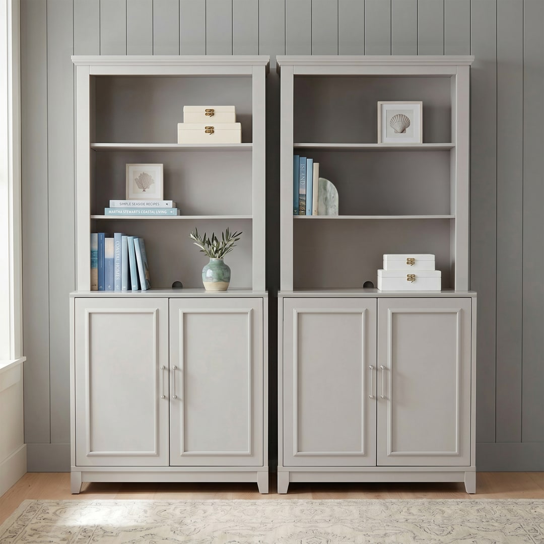 Lily Pond 4-Piece Modular Cabinet and Hutch Set with Brushed Stainless Steel Hardware, Open Top Shelves, Soft-Close Doors, Sharkey Gray