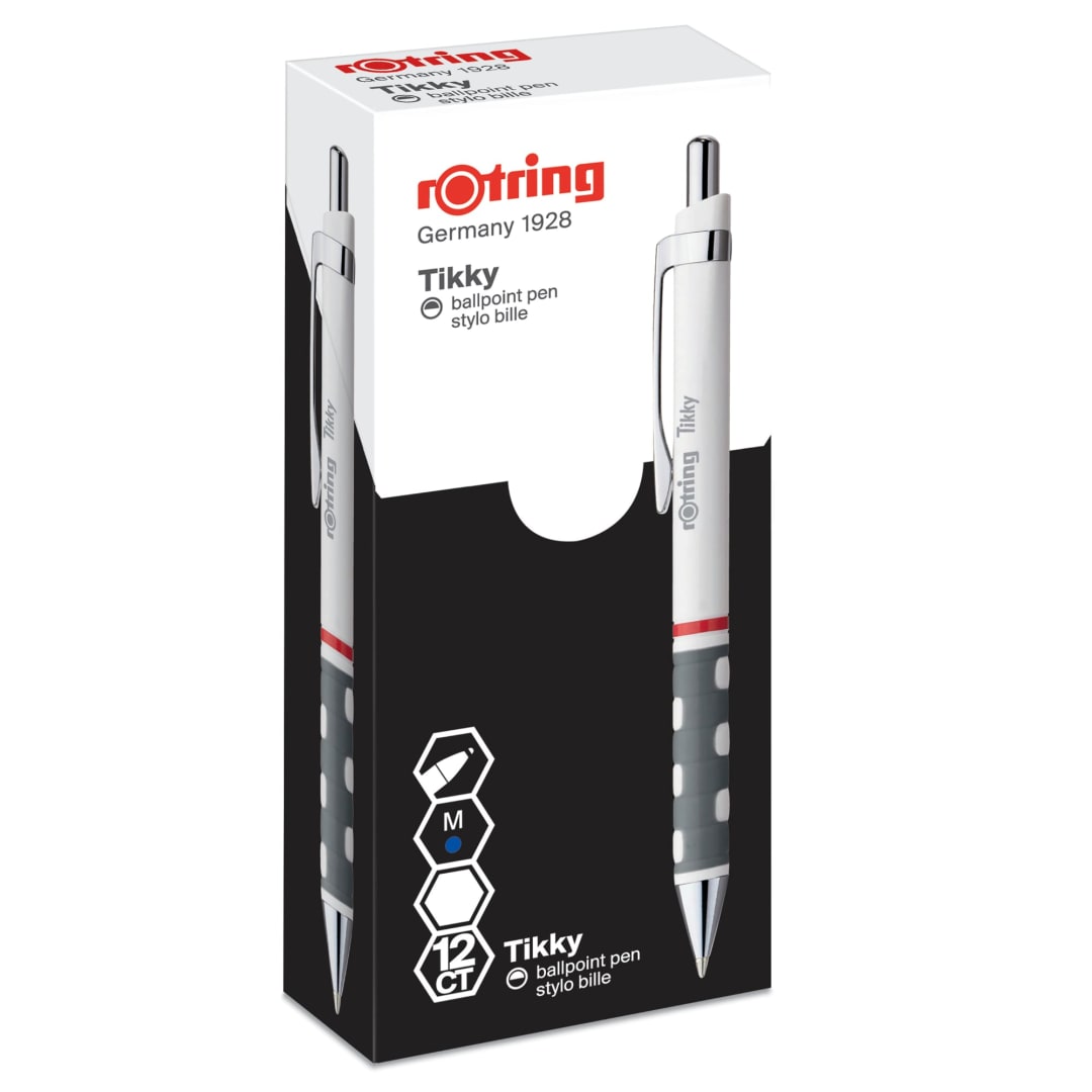 rOtring Tikky Ballpoint Pens | Blue Ink | Medium Point (1.0mm) | White Barrel | Lightweight with Rubberised Grip | Box of 12