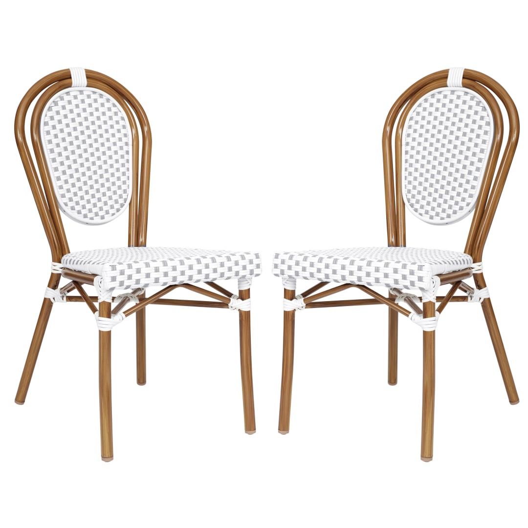 2 Pack Lourdes Indoor/Outdoor Commercial Thonet Bistro Stacking Chair, White and Gray PE Rattan and Bamboo Print Aluminum Frame in Natural