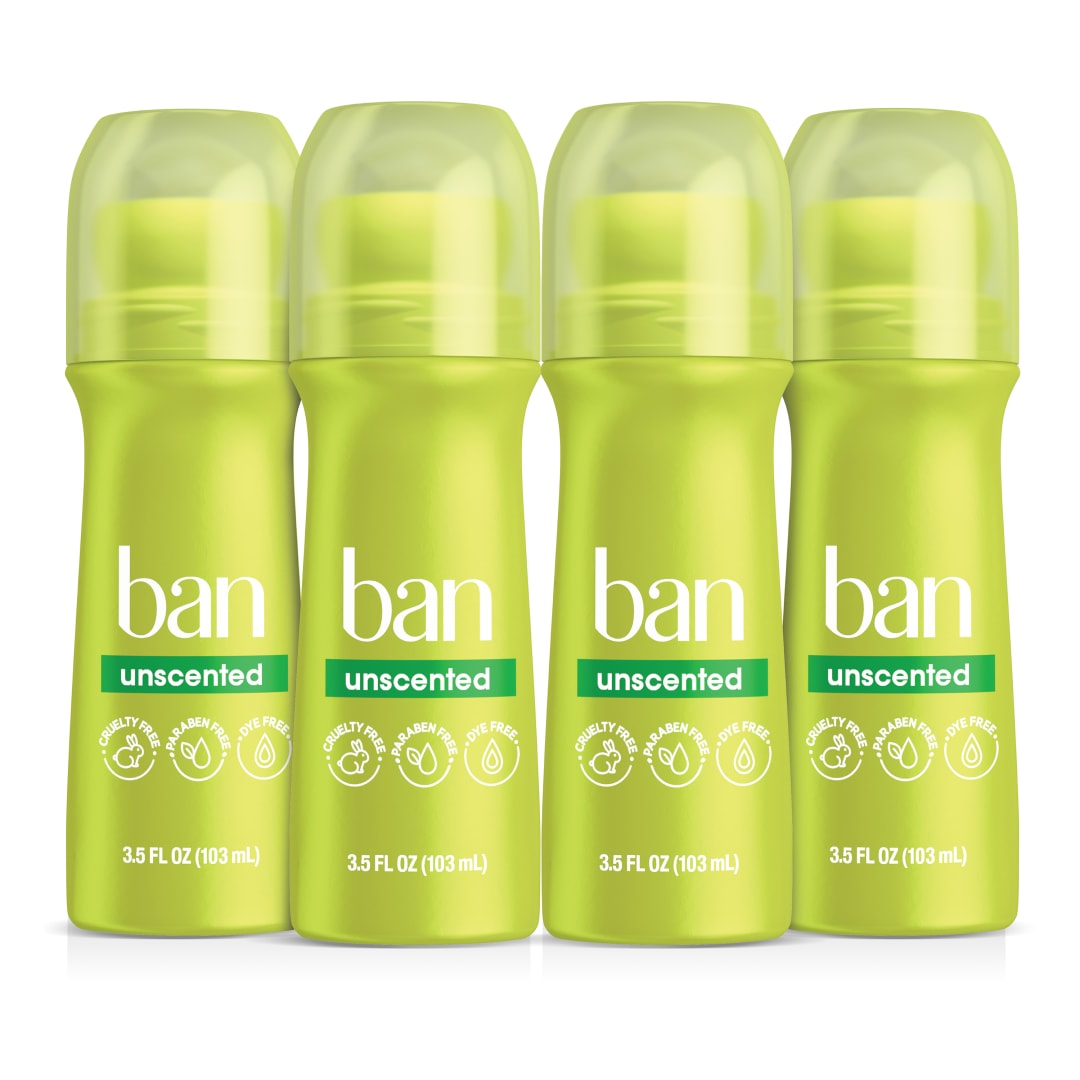 Ban Invisible Roll-On Antiperspirant Deodorant, Unscented, 3.5 oz, 4pk