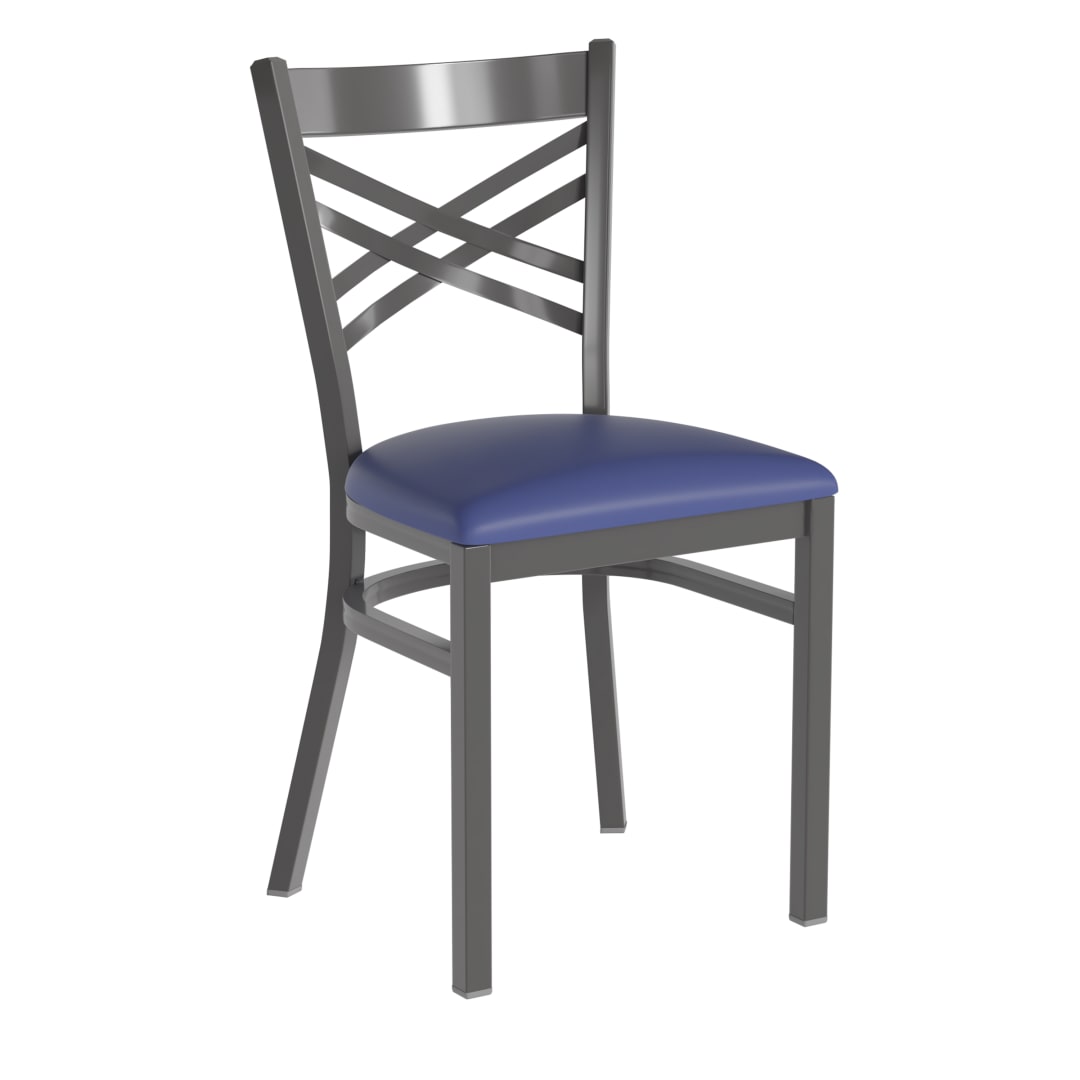 HERCULES Silver Antique Finish with Clear Coat ''X'' Back Metal Restaurant Chair - Blue Vinyl Seat
