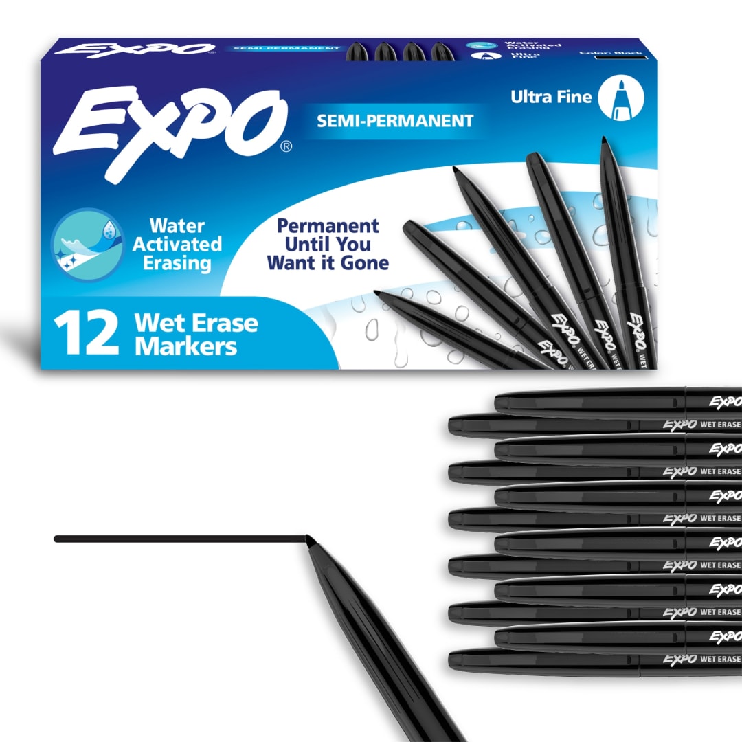 EXPO Wet Erase Markers, Semi-Permanent Markers, Black, Ultra Fine Tip, 12 Count