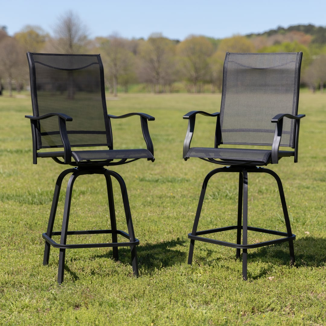 Valerie Patio Bar Height Stools Set of 2, All-Weather Textilene Swivel Patio Stools with High Back & Armrests in Black