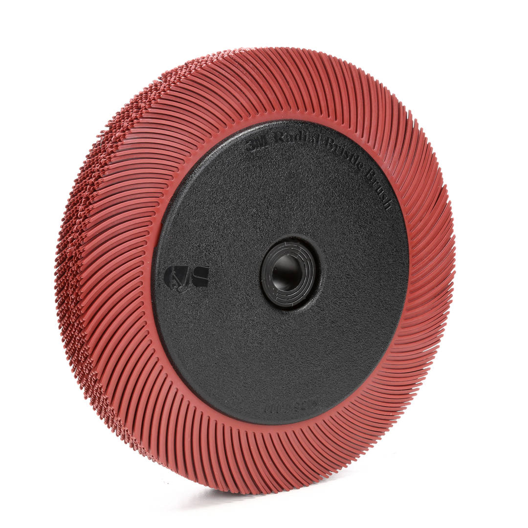 Escova Bristle™ Scotch-Brite™ Radial – Diâmetro de 152,4 mm, Espessura de 11 mm, Furo central de 25,4 mm, Grão 220, Vermelho = cerdas finas