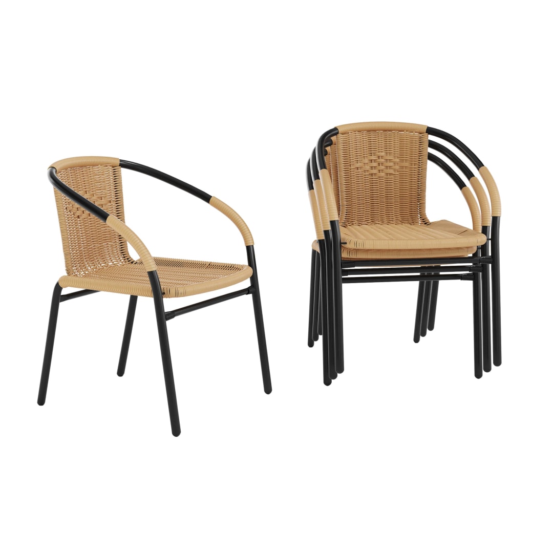 Lila Set of 4 Commercial Grade Beige Rattan Indoor-Outdoor Restaurant Stack Chairs