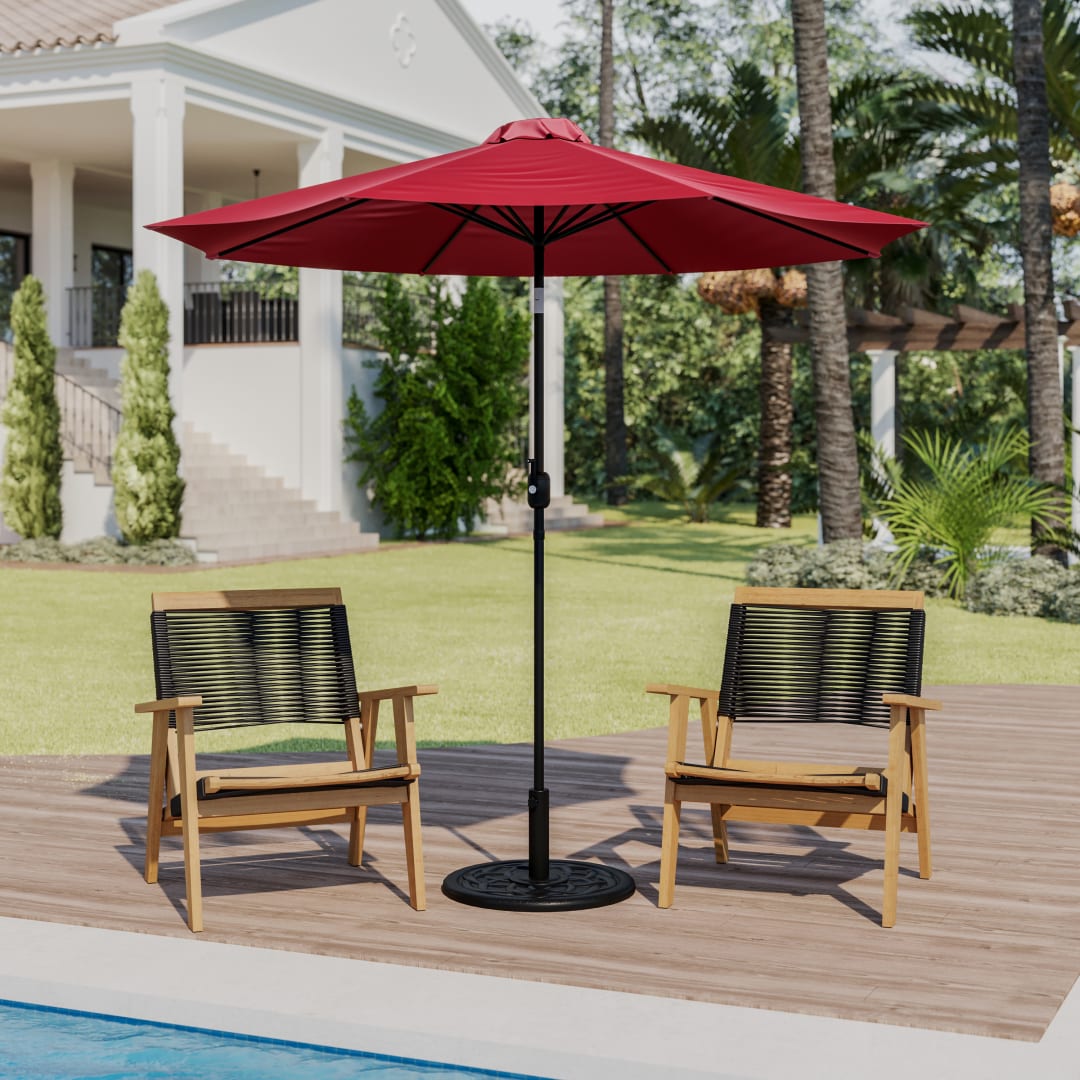 Kona Red 9 FT Round Umbrella with Crank and Tilt Function and Standing Umbrella Base