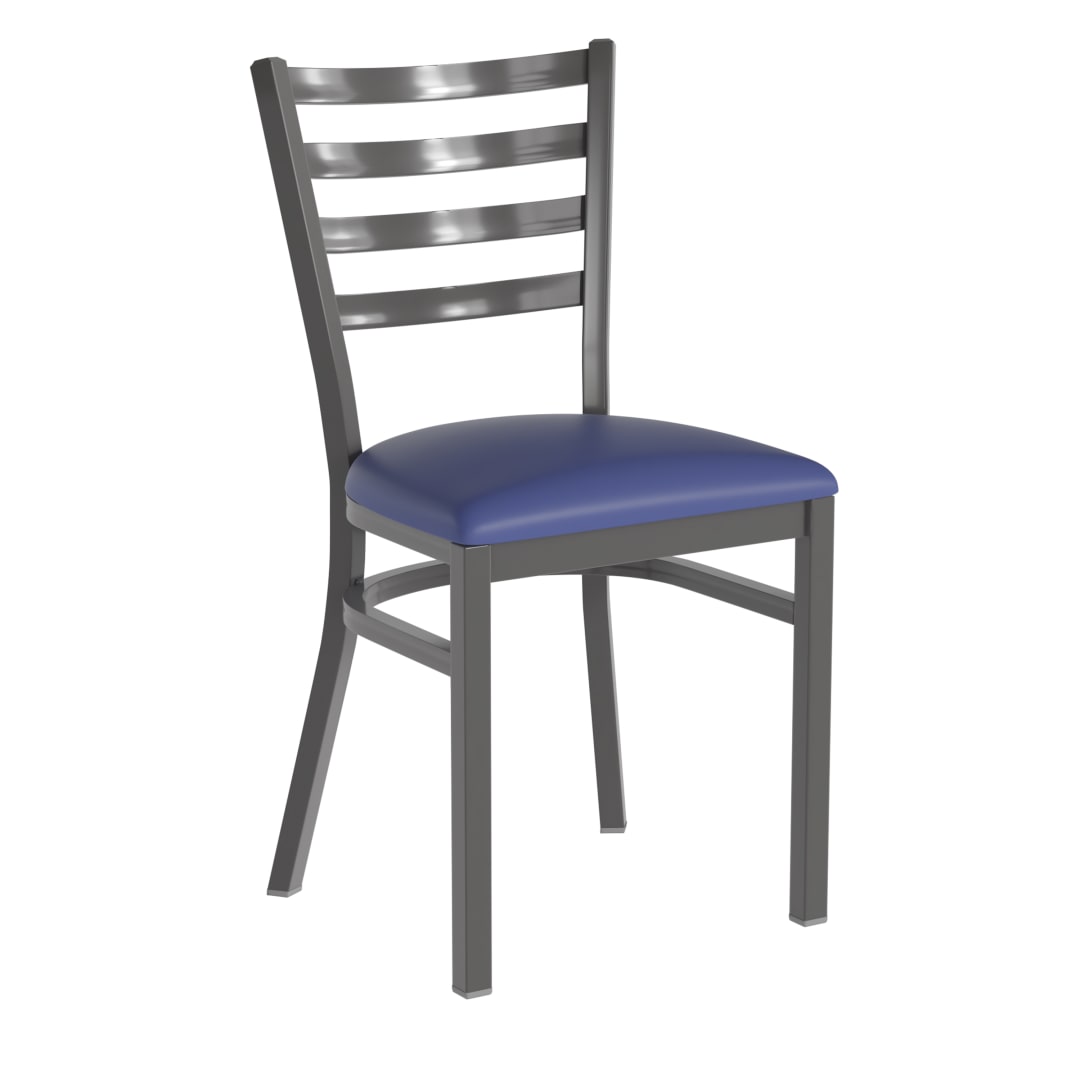 HERCULES Silver Antique Finish with Clear Coat Ladder Back Metal Restaurant Chair - Blue Vinyl Seat