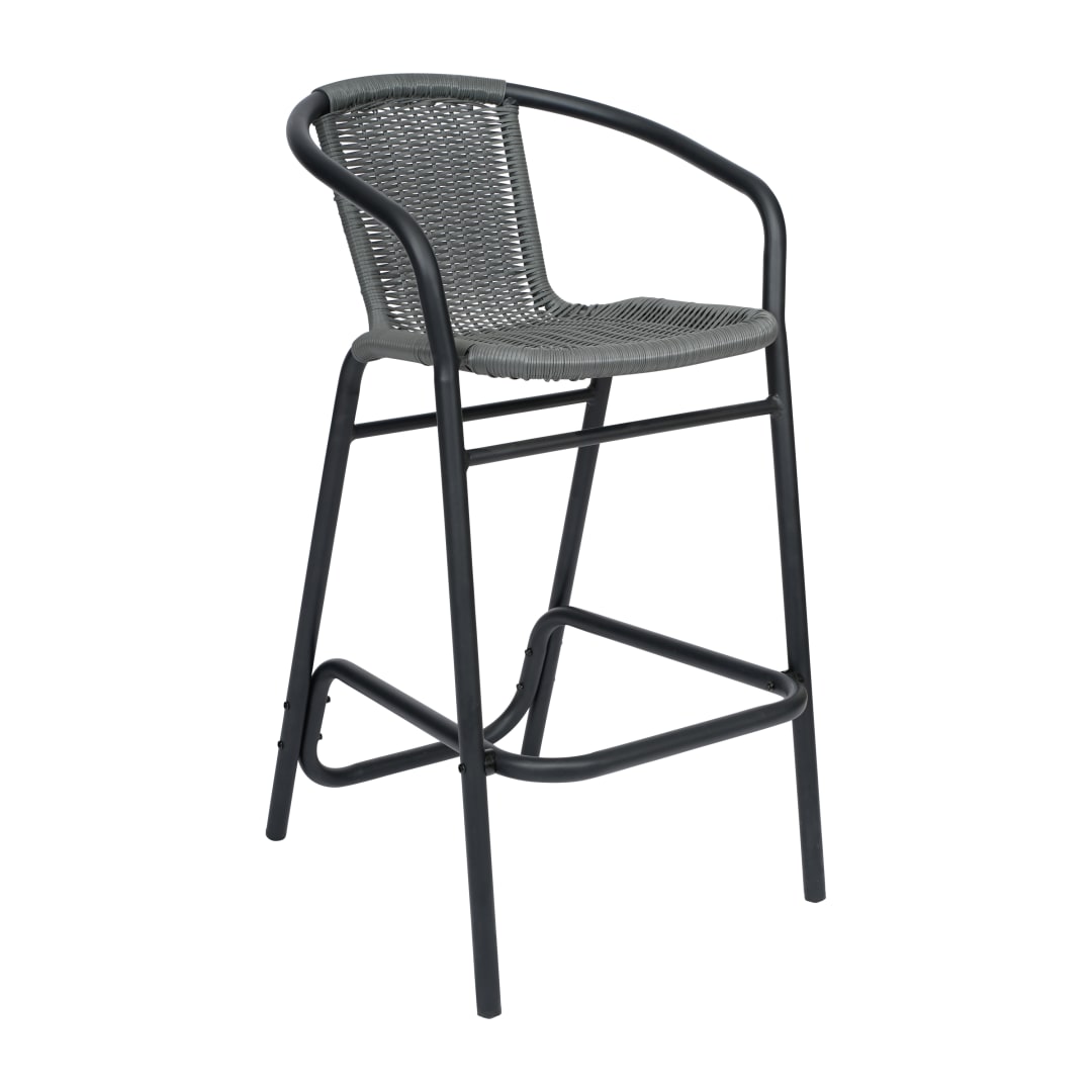 Lila Commercial Grade Indoor-Outdoor PE Rattan Restaurant Barstool with Black Aluminum Frame and Footrest in Gray