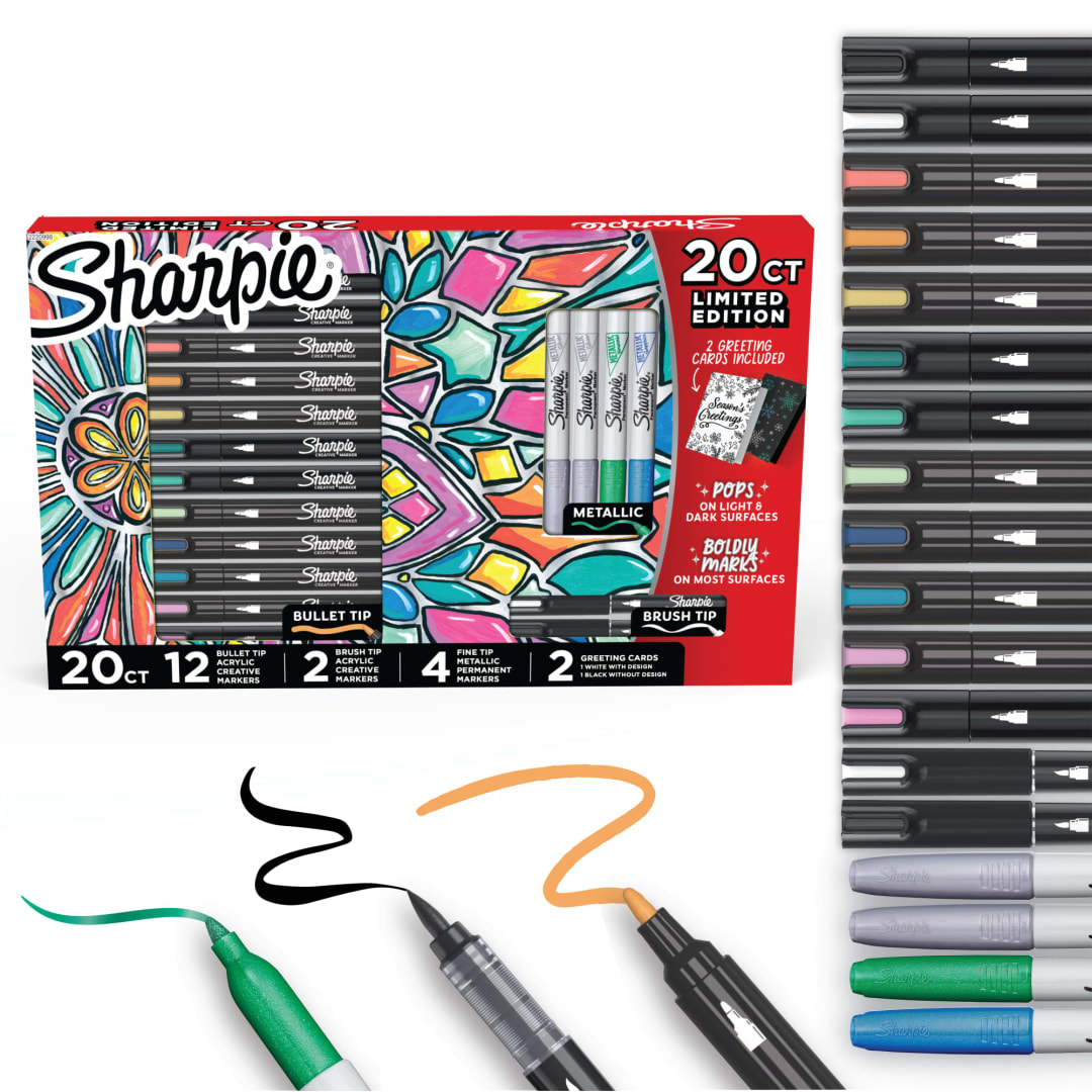 Sharpie Creative Markers Holiday Set, Featuring Water-Based Acrylic Markers, Brush and Bullet Tip, Metallic Permanent Markers, Greeting Cards, 20 Piece Set