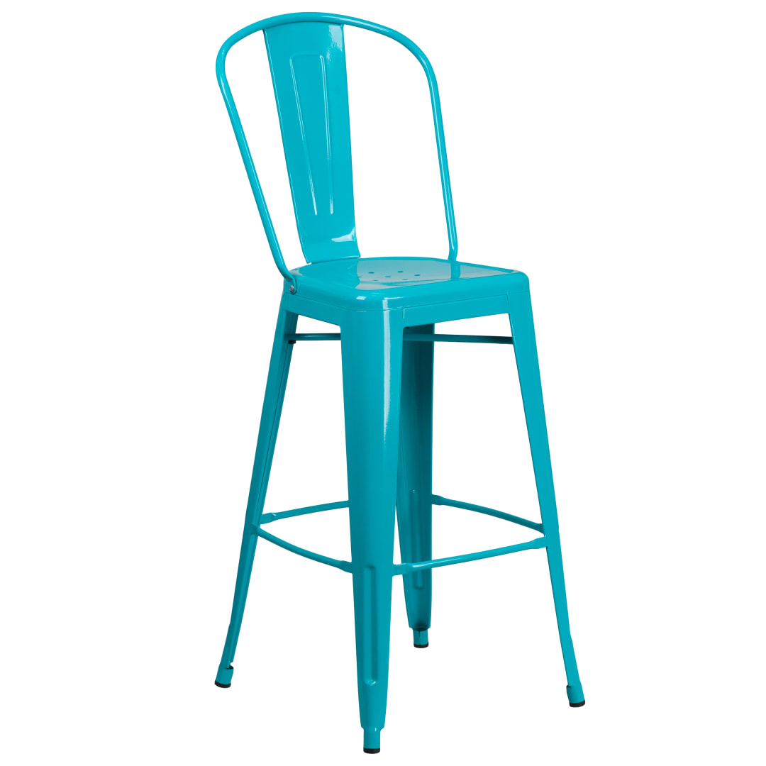 Cindy Commercial Grade 30" High Crystal Teal-Blue Metal Indoor-Outdoor Barstool with Back