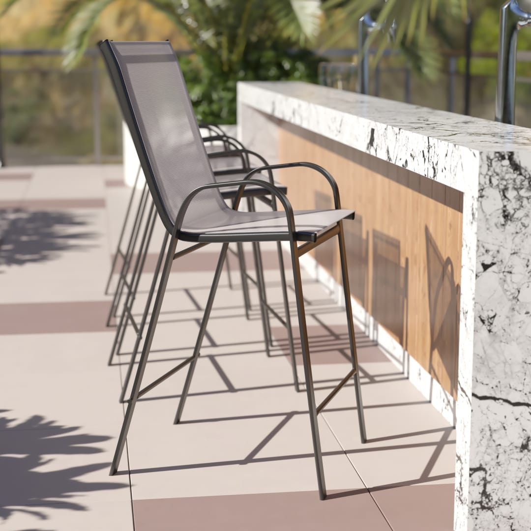 4 Pack Brazos Series Gray Outdoor Barstools with Flex Comfort Material and Metal Frame