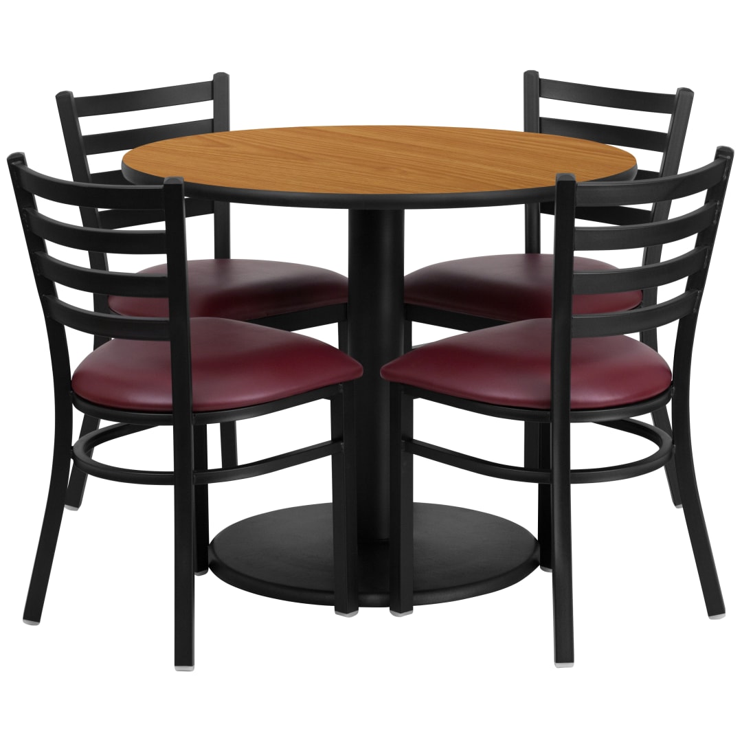 Jamie 36'' Round Natural Laminate Table Set with Round Base and 4 Ladder Back Metal Chairs - Burgundy Vinyl Seat