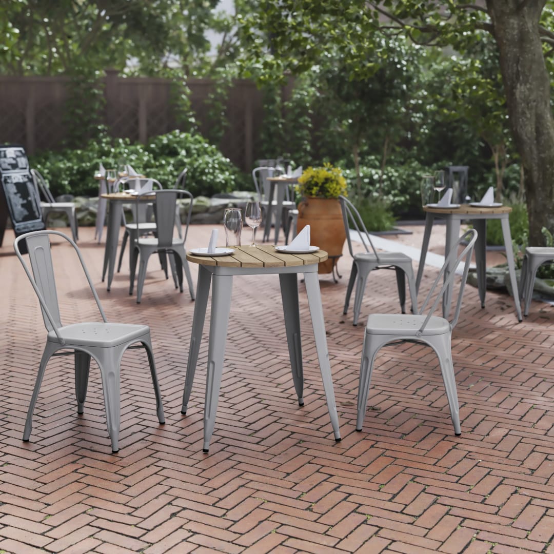 Declan Commercial Grade Indoor/Outdoor Dining Table, 23.75" Round All Weather Brown Poly Resin Top with Silver Steel Base