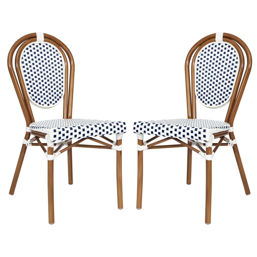 2 Pack Lourdes Indoor/Outdoor Commercial Thonet Bistro Stacking Chair, White and Navy PE Rattan and Bamboo Print Aluminum Frame in Natural