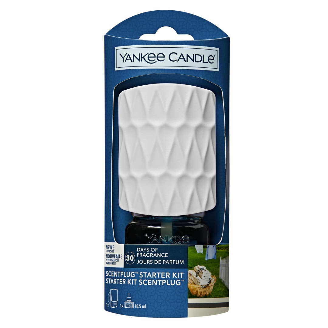 Yankee Candle® ScentPlug Starter Kit | Clean Cotton Plug In Air Freshener | Up to 6 Weeks of Fragrance | White Organic Pattern | UK 3 pin plug