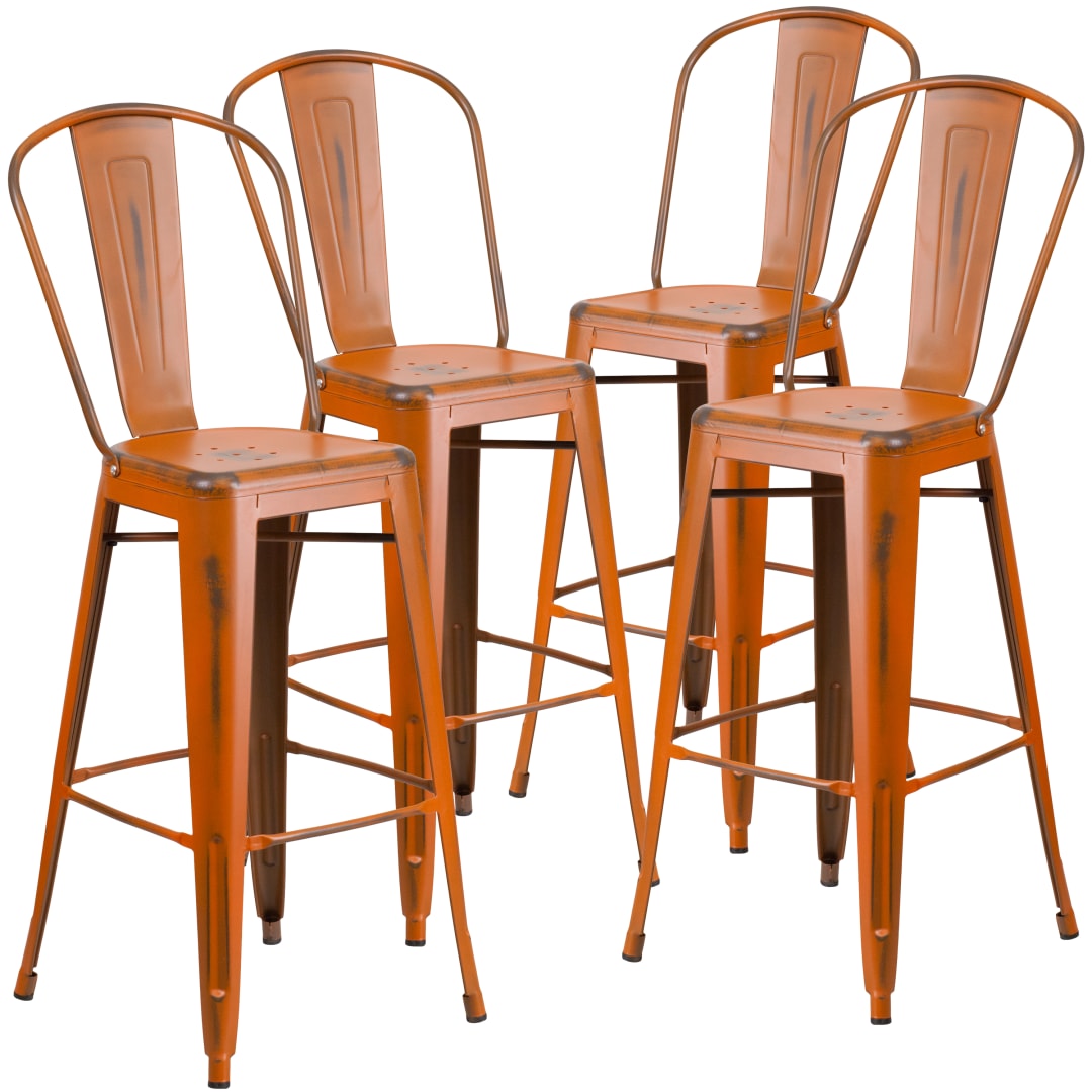 Blake Commercial Grade 4 Pack 30" High Distressed Orange Metal Indoor-Outdoor Barstool with Back