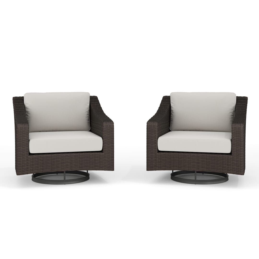 Bedford Set of 2 Indoor-Outdoor Patio Chairs in Brown Rattan Wicker with 360° Swivel and Tan All-Weather Cushions