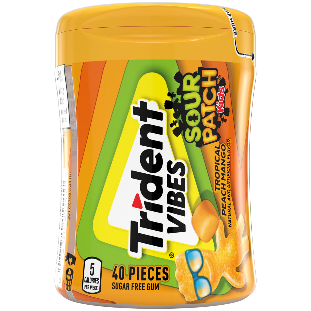 Trident Vibes SOUR PATCH KIDS Sugar Free Chewing Gum Tropical Peach Mango 40 pc Bottle