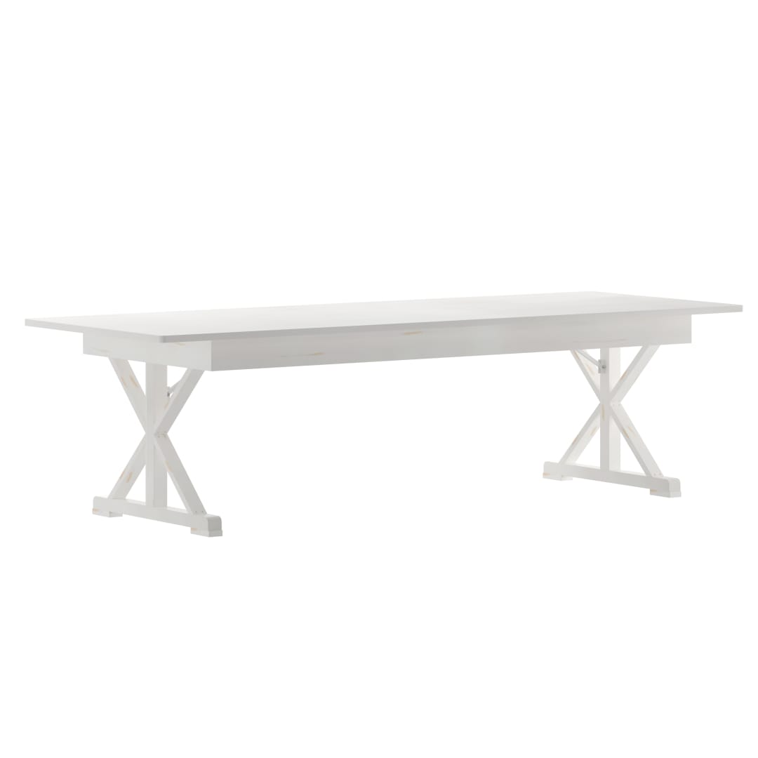 HERCULES 9' x 40" Rectangular Antique Rustic White Solid Pine Folding Farm Table with X Legs