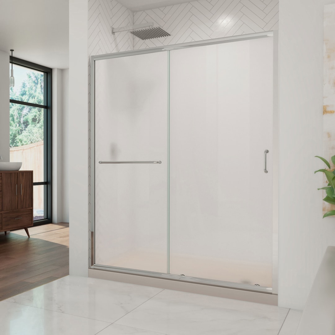 DreamLine Infinity-Z 36 inch D x 60 inch W x 74 3/4 inch H Semi-Frameless Sliding Frosted Shower Door in Chrome with Right Drain Biscuit Shower Base Kit