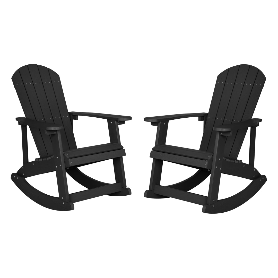 Savannah Commercial Grade All-Weather Poly Resin Wood Adirondack Rocking Chair with Rust Resistant Stainless Steel Hardware in Black - Set of 2
