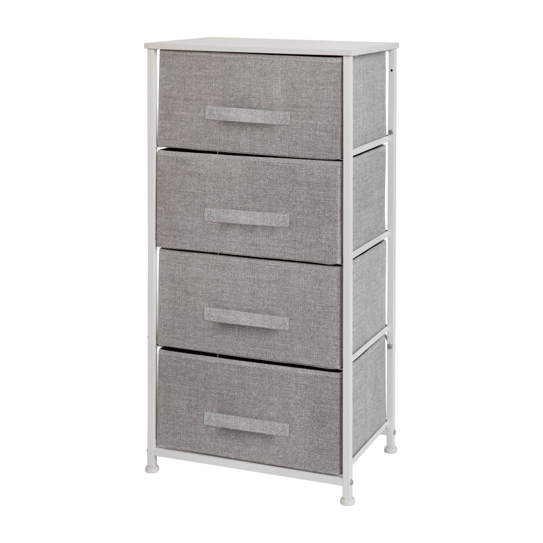 Harris 4 Drawer Wood Top White Cast Iron Frame Vertical Storage Dresser with Light Gray Easy Pull Fabric Drawers