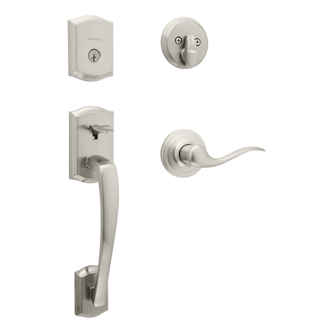 Prescott Single Cylinder Handleset w/Tustin Lever featuring SmartKey Security™ in Satin Nickel