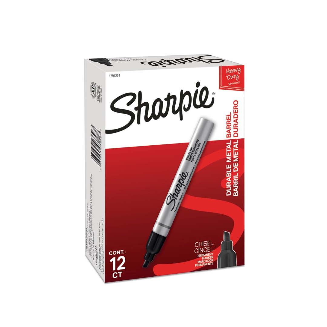 Sharpie® Metal Barrel Permanent Markers, Chisel Tip, Black, 12 Count