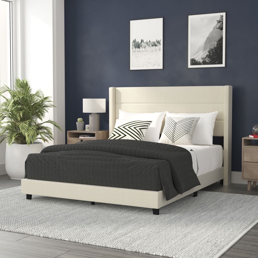 Hollis Queen Upholstered Platform Bed with Wingback Headboard, Mattress Foundation with Slatted Supports, No Box Spring Needed, Beige Faux Linen