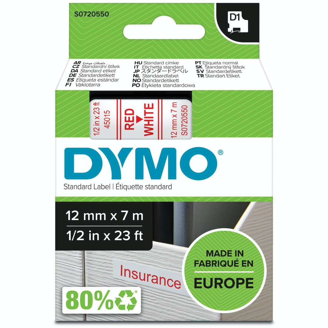 DYMO® Authentic D1 Labels, Red Print on White Tape, 12 mm x 7 m, Self-Adhesive Labels for LabelManager Label Makers, Made in Europe
