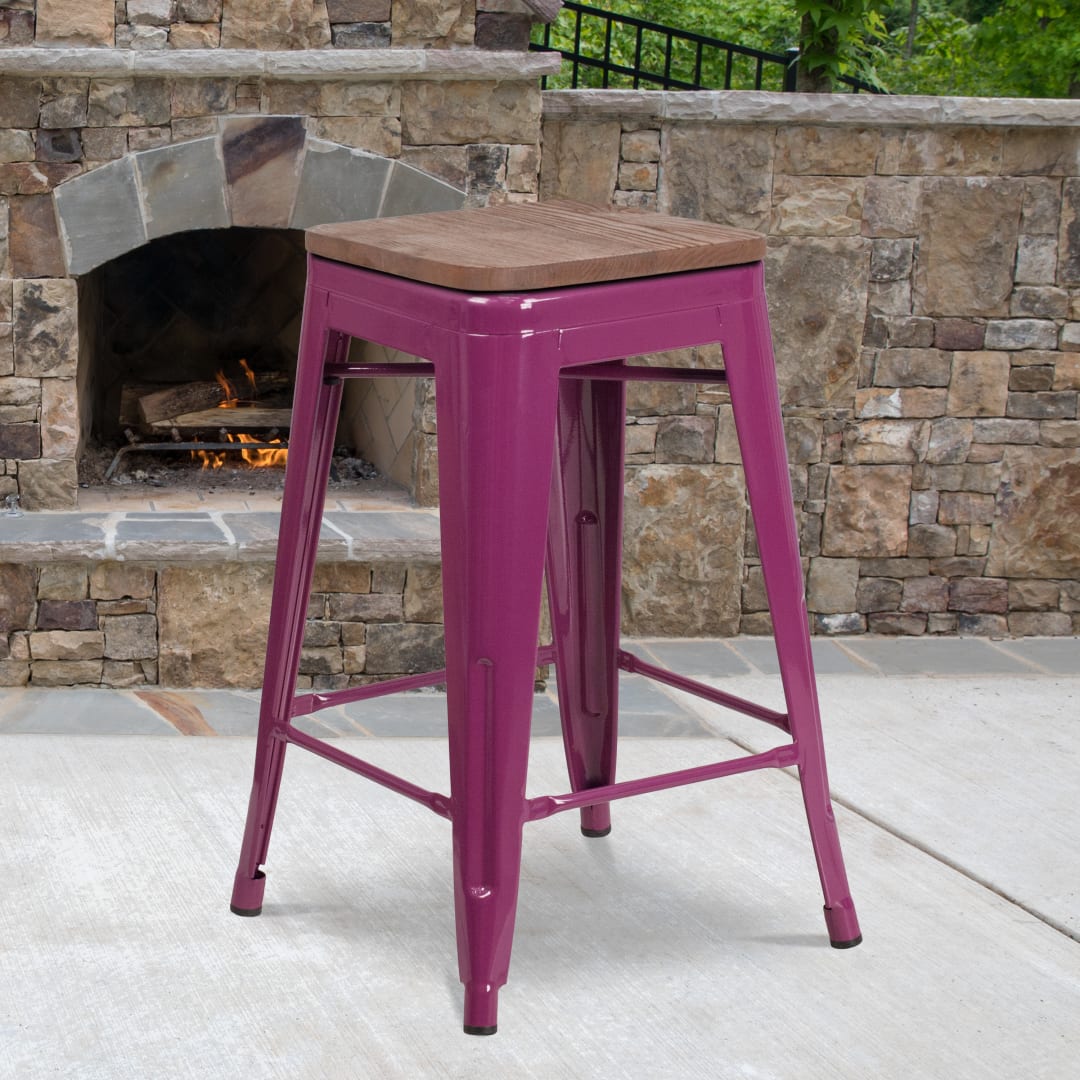Sinclair 24" High Backless Purple Counter Height Stool with Square Wood Seat
