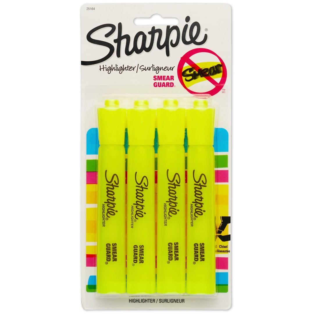 Sharpie® Tank Style Highlighters, Chisel Tip, Fluorescent Yellow, 4 Count