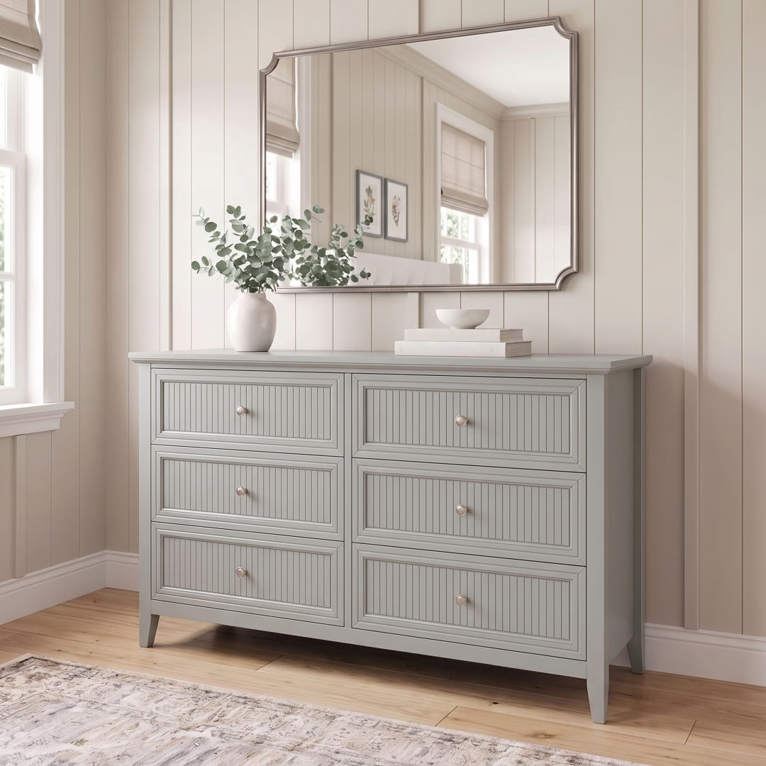 Bedford Fluted 6-Drawer Dresser with Premium Hardware and Solid Wood Frame, Bedford Gray