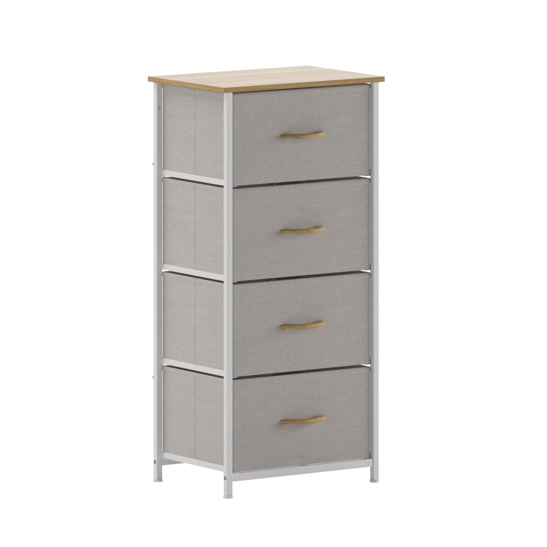 Harris 4 Drawer Vertical Storage Dresser with White Cast Iron Frame, Oak Wood Top and Beige Easy Pull Fabric Drawers with Natural Wooden Handles