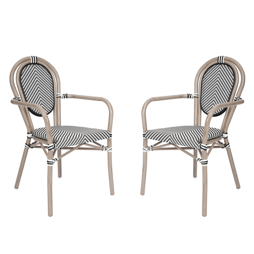2 Pack Marseille Indoor/Outdoor Commercial Thonet Bistro Stack Chair with Arms, Black/White Textilene and Bamboo Aluminum Frame in LT Natural