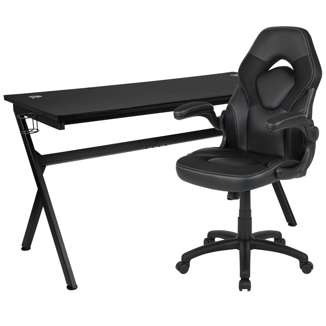 Optis Gaming Desk and Black Racing Chair Set /Cup Holder/Headphone Hook/Removable Mouse Pad Top - 2 Wire Management Holes