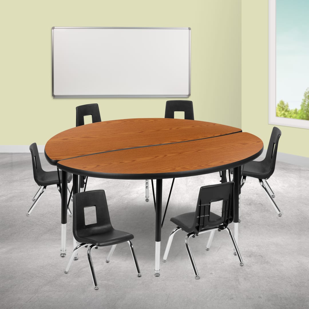 Emmy 47.5" Circle Wave Flexible Laminate Activity Table Set with 12" Student Stack Chairs, Oak/Black
