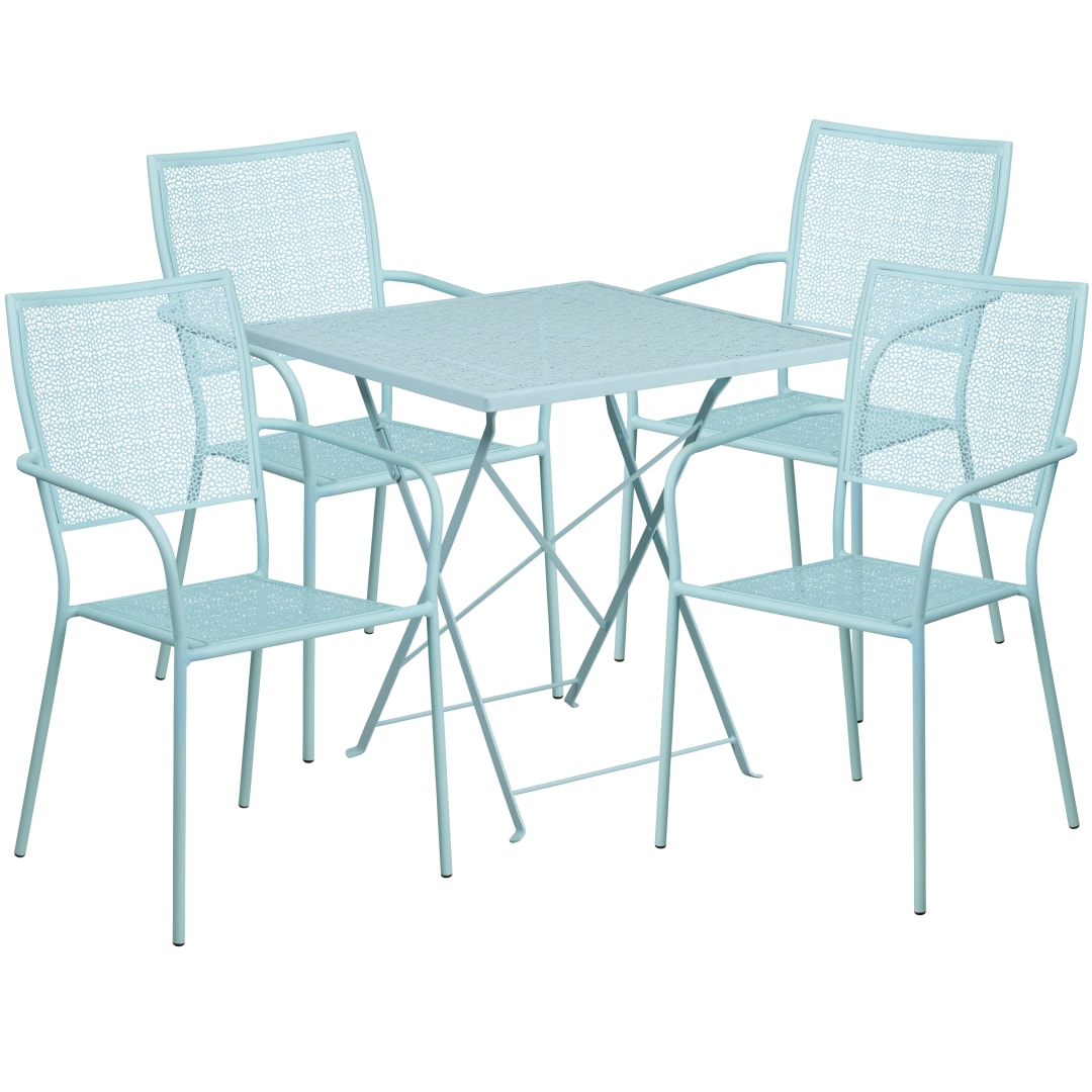 Oia Commercial Grade 28" Square Sky Blue Indoor-Outdoor Steel Folding Patio Table Set with 4 Square Back Chairs