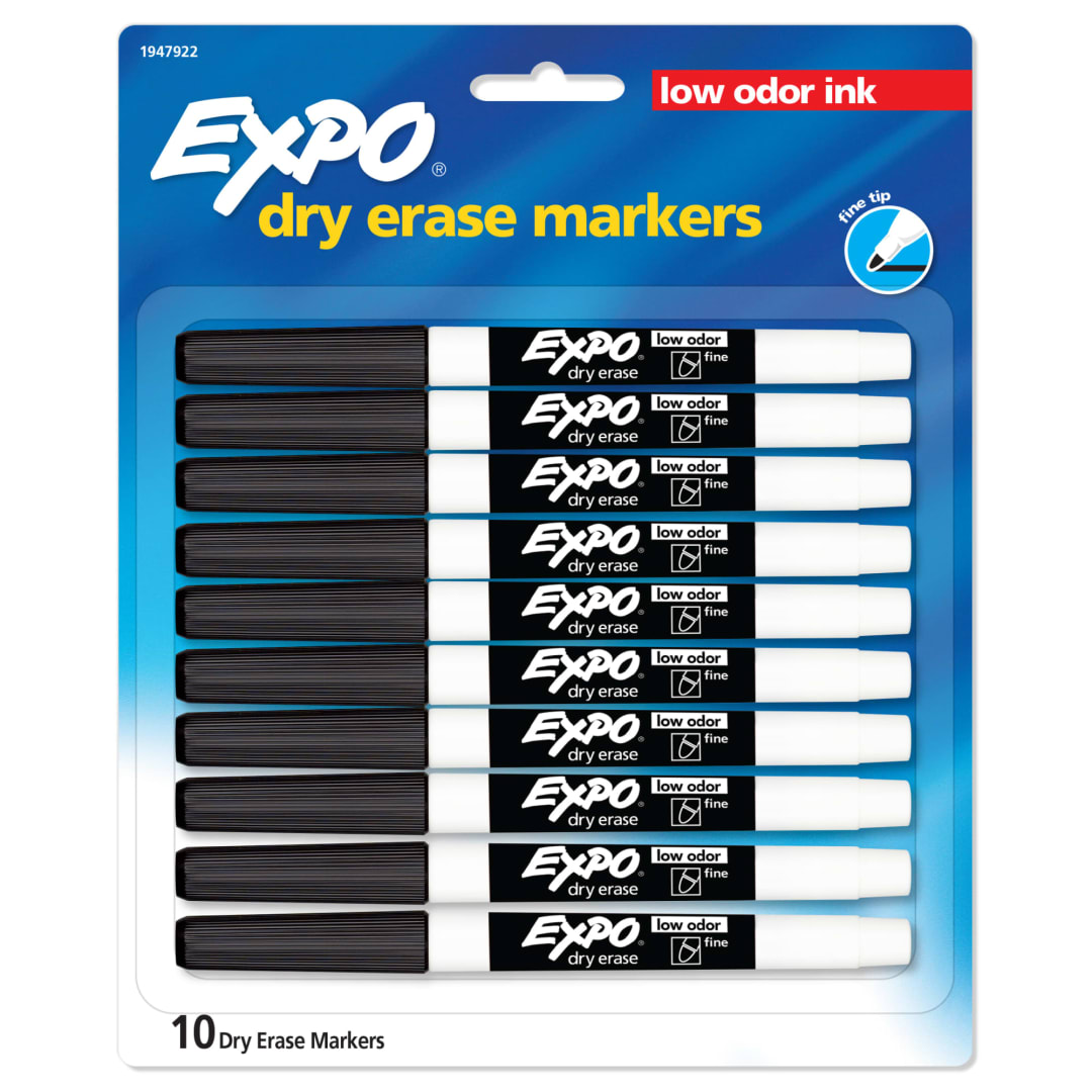 EXPO® Low Odor Dry Erase Markers, Fine Tip, Black, 10 Count