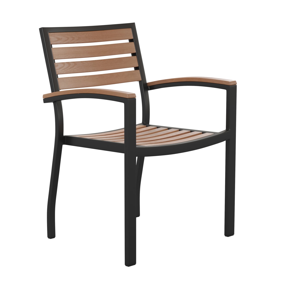 Lark Outdoor Stackable Faux Teak Side Chair - Commercial Grade Black Aluminum Patio Chair with Synthetic Teak Slats