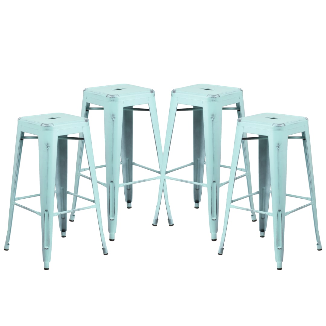 Kai Commercial Grade 4 Pack 30" High Backless Distressed Green-Blue Metal Indoor-Outdoor Barstool
