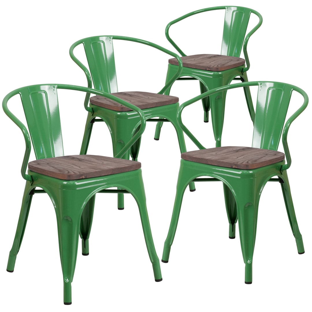 Roy 4 Pk. Green Metal Chair with Wood Seat and Arms