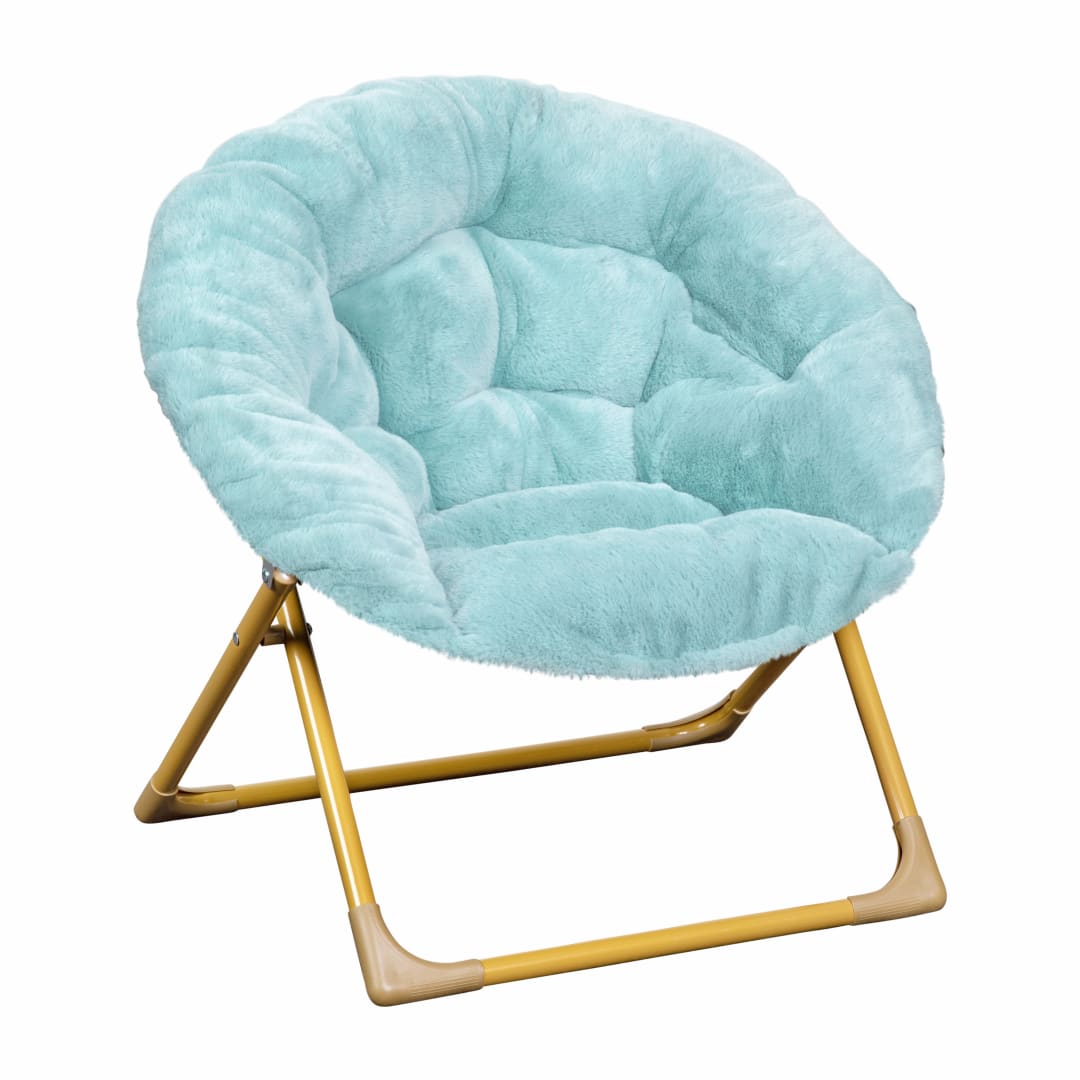 Gwen 23" Kids Cozy Mini Folding Saucer Chair, Faux Fur Moon Chair for Toddlers and Bedroom, Dusty Aqua/Soft Gold
