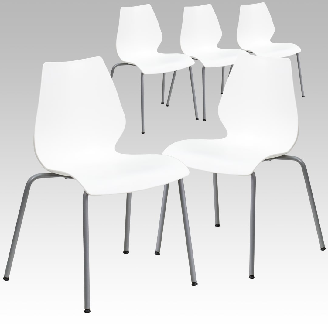 5 Pack HERCULES Series 770 lb. Capacity White Stack Chair with Lumbar Support and Silver Frame