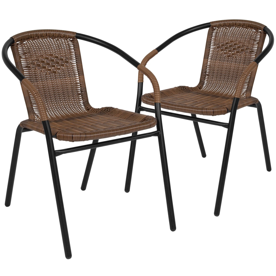 Lila Set of 2 Commercial Grade Medium Brown Rattan Indoor-Outdoor Restaurant Stack Chairs