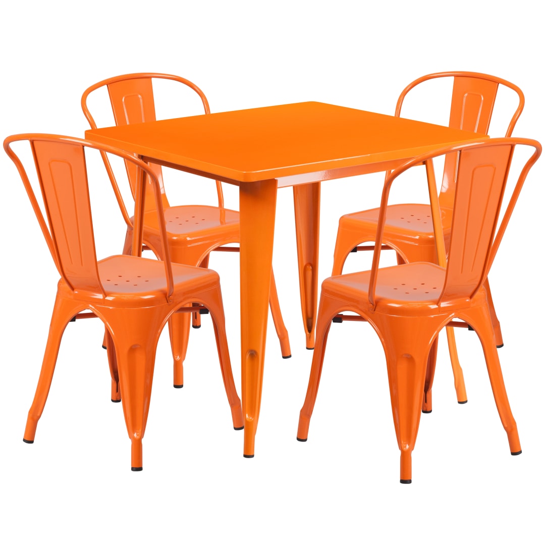 Foster Commercial Grade 31.5" Square Orange Metal Indoor-Outdoor Table Set with 4 Stack Chairs