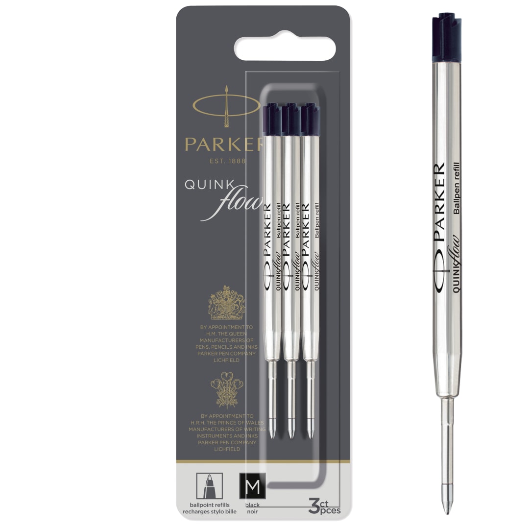 Parker Recambios para bolígrafos | Punta mediana | Tinta negra QUINKflow | 3 unidades