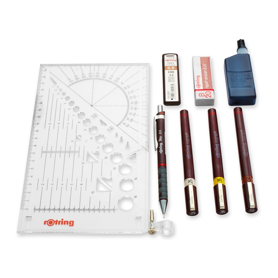 rOtring Isograph Fineliner Pen & Pencil College Set | 3 Technical Pens (0.25mm, 0.35mm, 0.50mm) and Mechanical Pencil (0.5mm) + Accessories