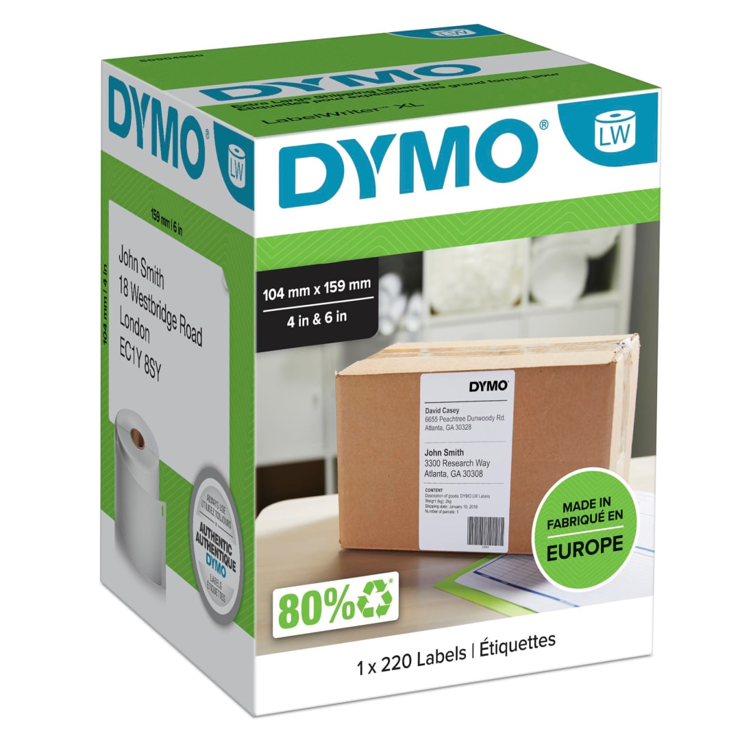 DYMO® Authentic LabelWriter™ Extra Large Shipping Labels | 104 mm x 159 mm | Self Adhesive | Roll of 220 Easy-Peel Labels | for LabelWriter™ 4XL/5XL Label Makers