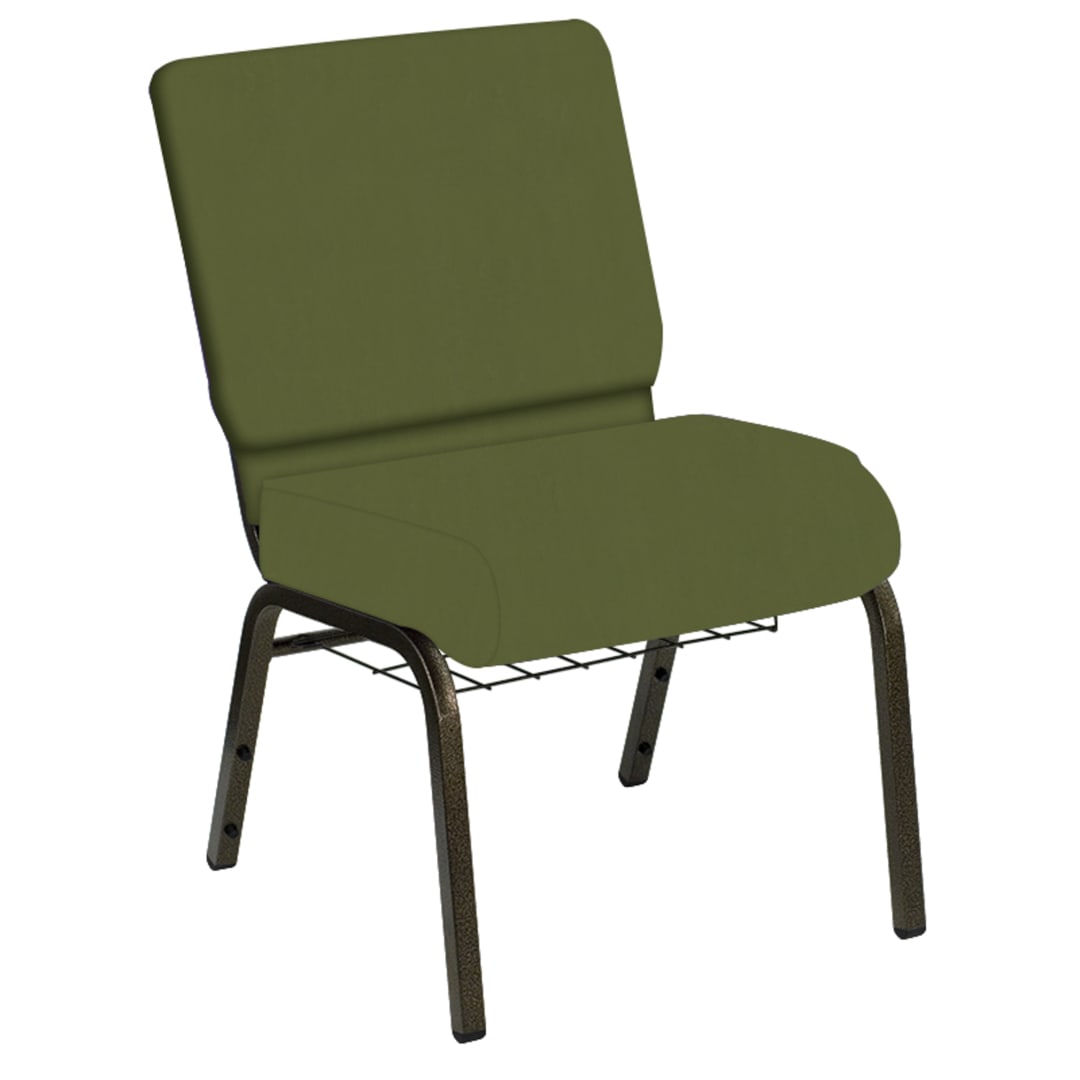 HERCULES Series 21''W Church Chair in E-Z Wallaby Olive Vinyl with Book Rack - Gold Vein Frame